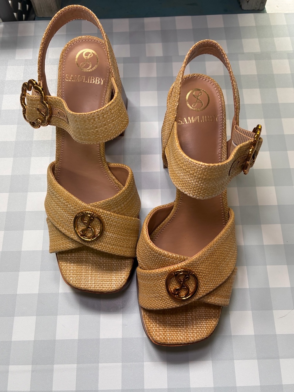 New Sam & Libby Kristy 8 Tan Woven raffia straw Slingback chunky heels sandals